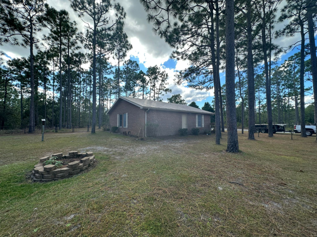 a house with a metal roof in a forest